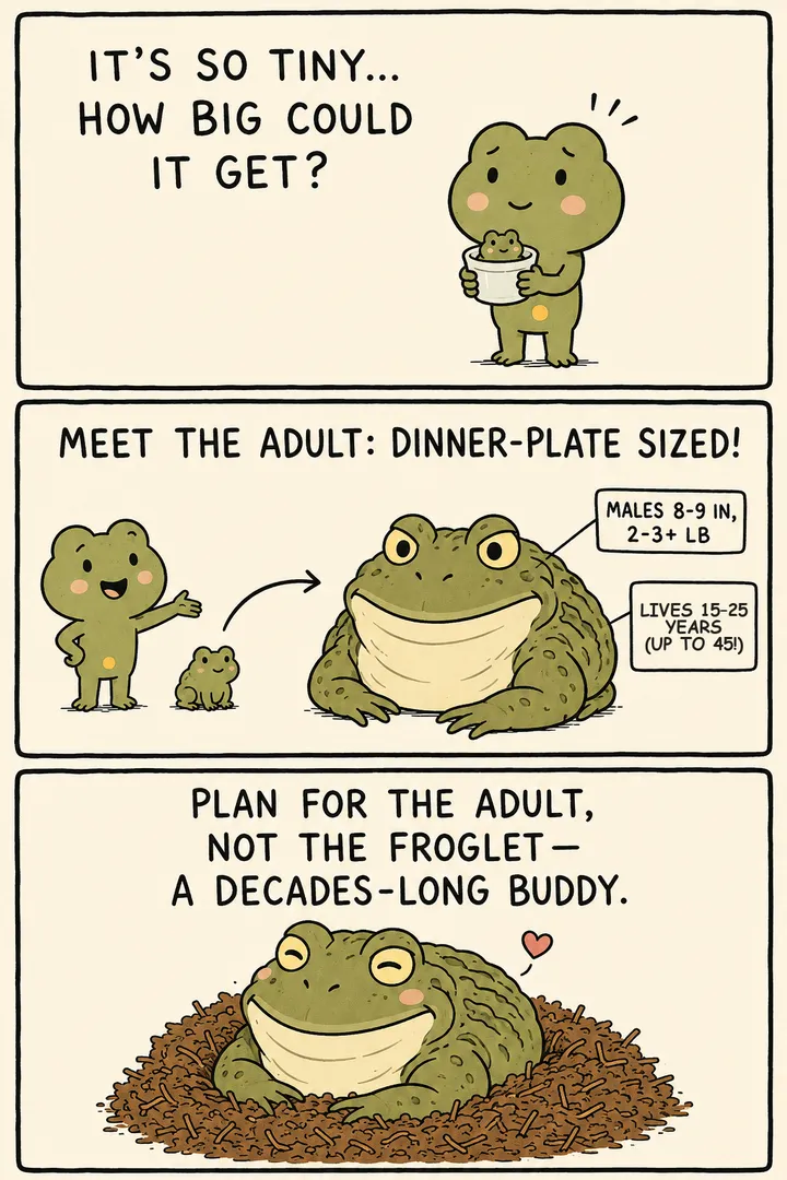 A three-panel comic about African bullfrog size. First a keeper cradles a tiny olive froglet, wondering how big it could get. Then a narrator bullfrog shows a side-by-side diagram: the froglet with an arrow to a huge, dinner-plate-sized adult, labelled 'males 8–9 in, 2–3+ lb' and 'lives 15–25 years (up to 45!)'. Finally the full-grown bullfrog settles content in deep coco fibre. The point: plan for the giant, decades-long adult, not the froglet.