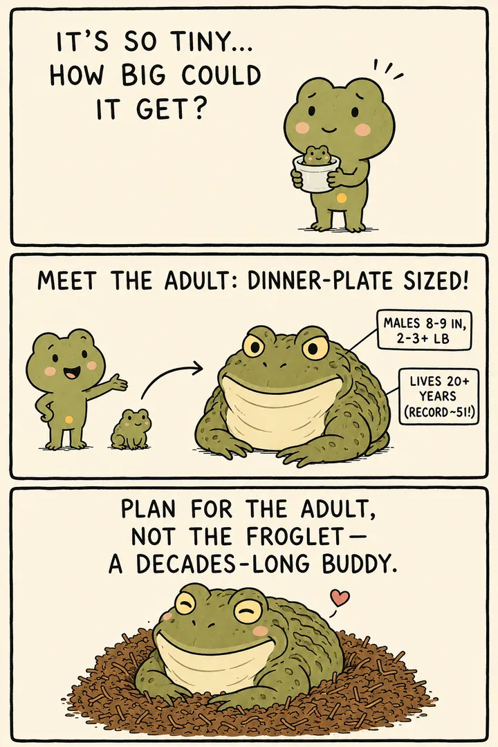 A three-panel comic about African bullfrog size. First a keeper cradles a tiny olive froglet, wondering how big it could get. Then a narrator bullfrog shows a side-by-side diagram: the froglet with an arrow to a huge, dinner-plate-sized adult, labelled 'males 8–9 in, 2–3+ lb, lives 20+ years (record ~51)'. Finally the full-grown bullfrog settles content in deep coco fibre. The point: plan for the giant, decades-long adult, not the froglet.