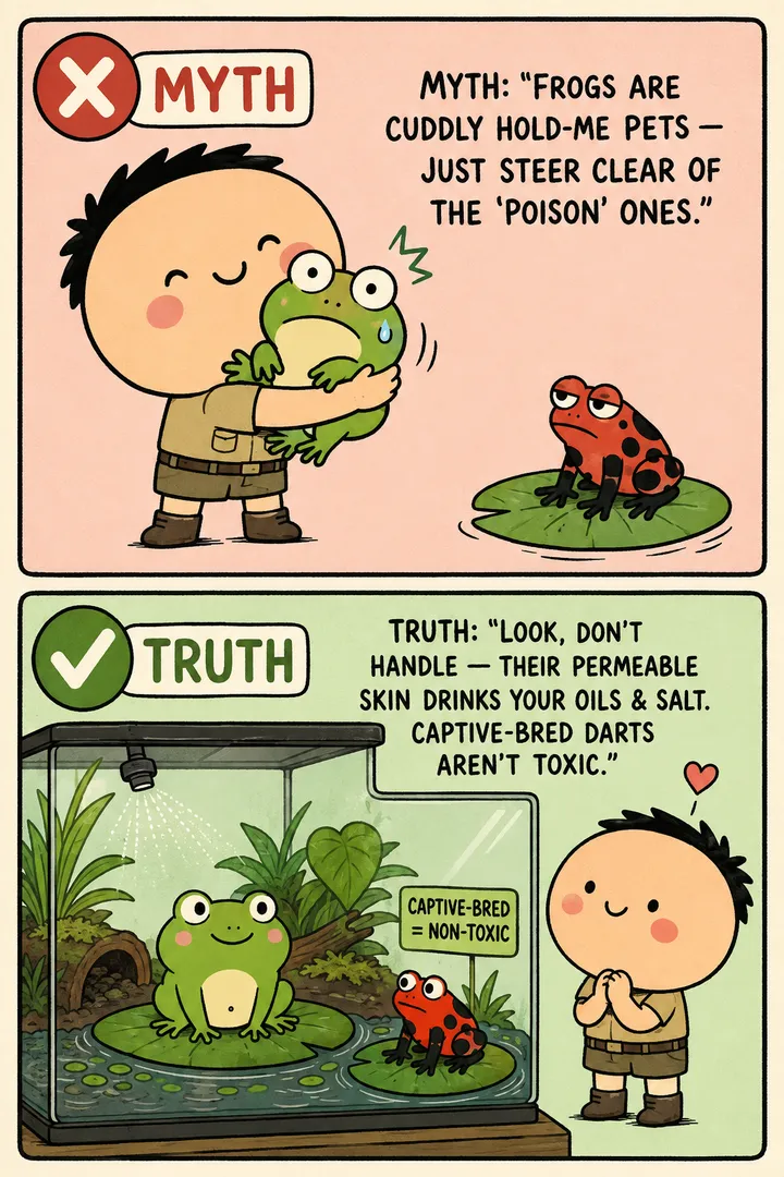 A two-panel myth-vs-truth comic about handling amphibians. The red MYTH panel shows a keeper squeezing a stressed, wide-eyed frog to their cheek like a plush toy while a small poison-dart frog side-eyes it. The green TRUTH panel shows the same frog calm inside its misted terrarium while the keeper admires it hands-off from outside the glass, and the dart frog carries a tag reading 'captive-bred = non-toxic'. The point: amphibians are look-don't-handle animals because their permeable skin absorbs the oils and salt on your hands, and captive-bred dart frogs are not toxic.