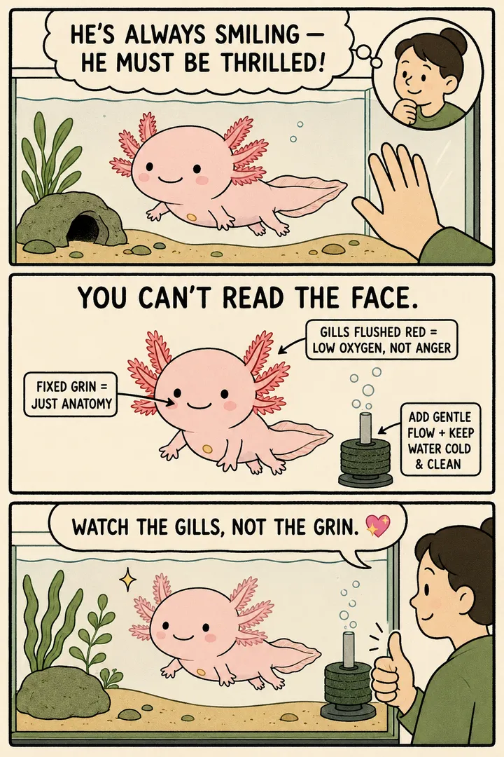 A comic about reading an axolotl. A keeper assumes their always-smiling axolotl must be thrilled. A caption explains you can't read the face — the fixed grin is just anatomy — while a label points to the gills: gills flushed red signals low oxygen or poor water, not anger. The point: judge an axolotl's health by its gills and body, not its permanent smile.