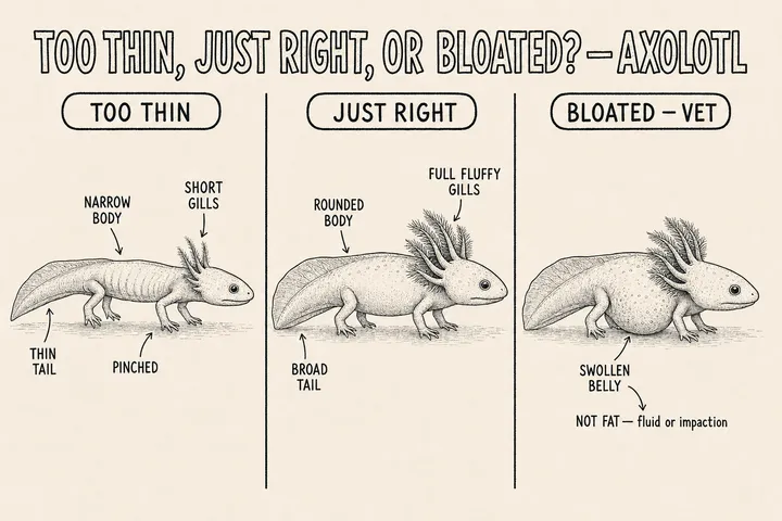 A hand-drawn monochrome info-comic titled 'Too thin, just right, or bloated? - Axolotl' comparing three axolotls — too thin (a narrow body, thin tail and short gills), just right (a rounded body, broad tail and full fluffy gills), and bloated (a swollen belly, labelled 'not fat - fluid or impaction', a vet sign).