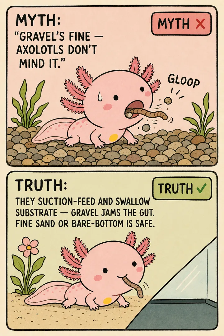A two-panel myth-vs-truth comic about axolotls and gravel. The red-marked MYTH panel shows a worried cartoon axolotl on a bed of chunky gravel, a sweat drop above it, one pebble being suctioned toward its open mouth. The green-marked TRUTH panel shows the same axolotl content on smooth fine sand (or a bare bottom) with a small worm nearby. The point: axolotls suction-feed and can swallow substrate, so gravel risks a fatal gut blockage (impaction) — use fine sand or a bare bottom.