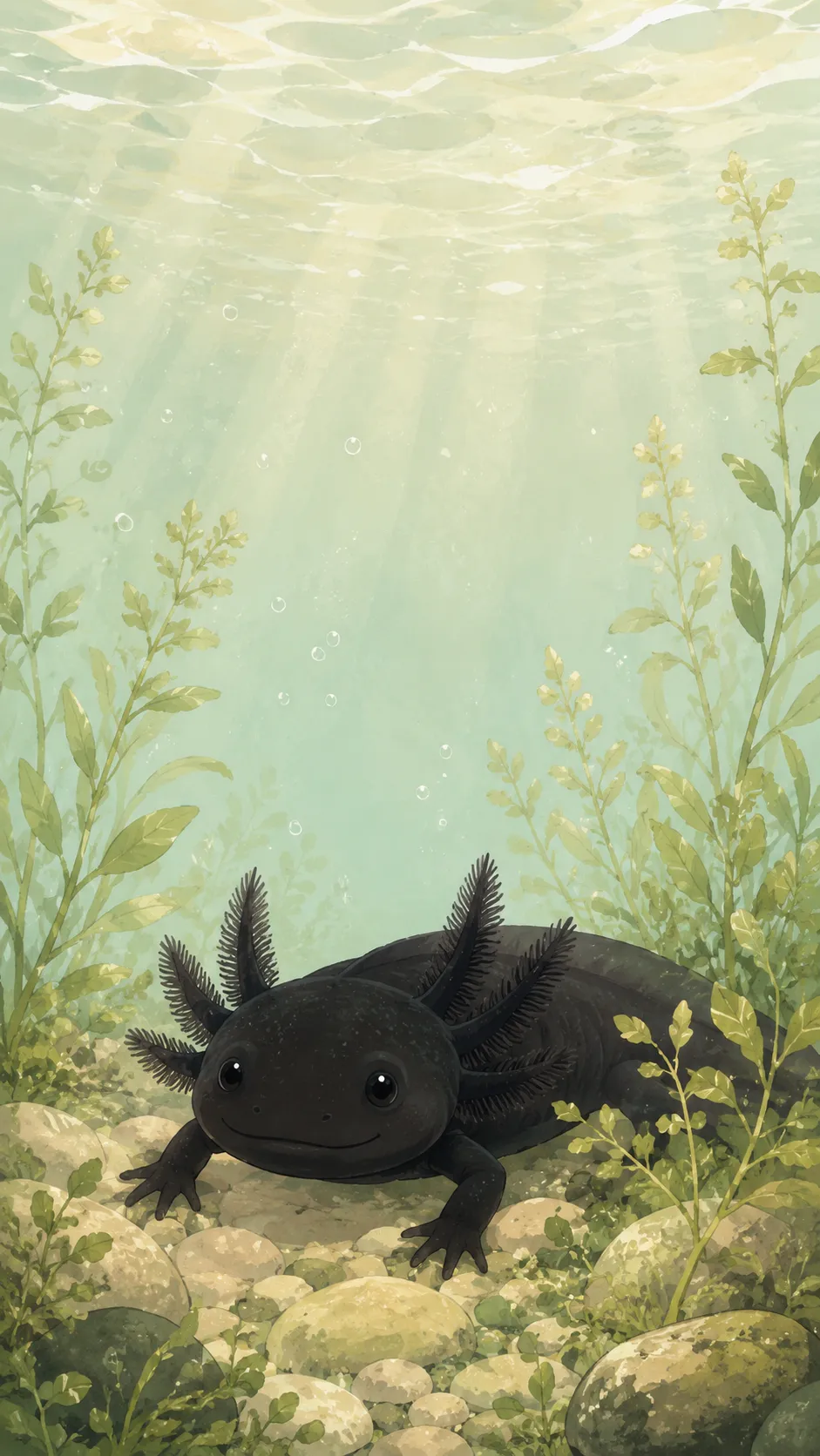 Melanoid Axolotl — a free Axolotl wallpaper (Deep, inky black from gills to tail.)