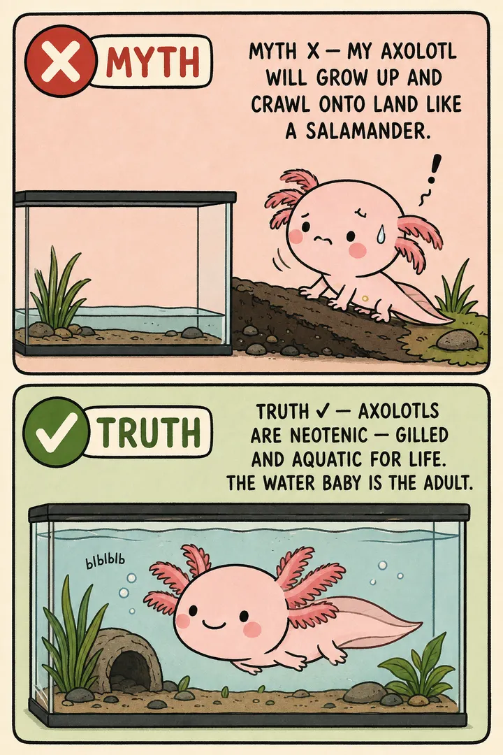 A two-panel myth-vs-truth comic about axolotls and metamorphosis. The red MYTH panel shows a worried axolotl being set on a land ramp beside a nearly-drained tank, its gills drooping, as if expected to 'grow up' and climb onto land. The green TRUTH panel shows the same axolotl floating happily in a full, cool tank with its feathery gills fanned wide. The point: axolotls are neotenic — they stay gilled and aquatic for life, and the gilled water-baby is the healthy adult; forcing a morph is dangerous.