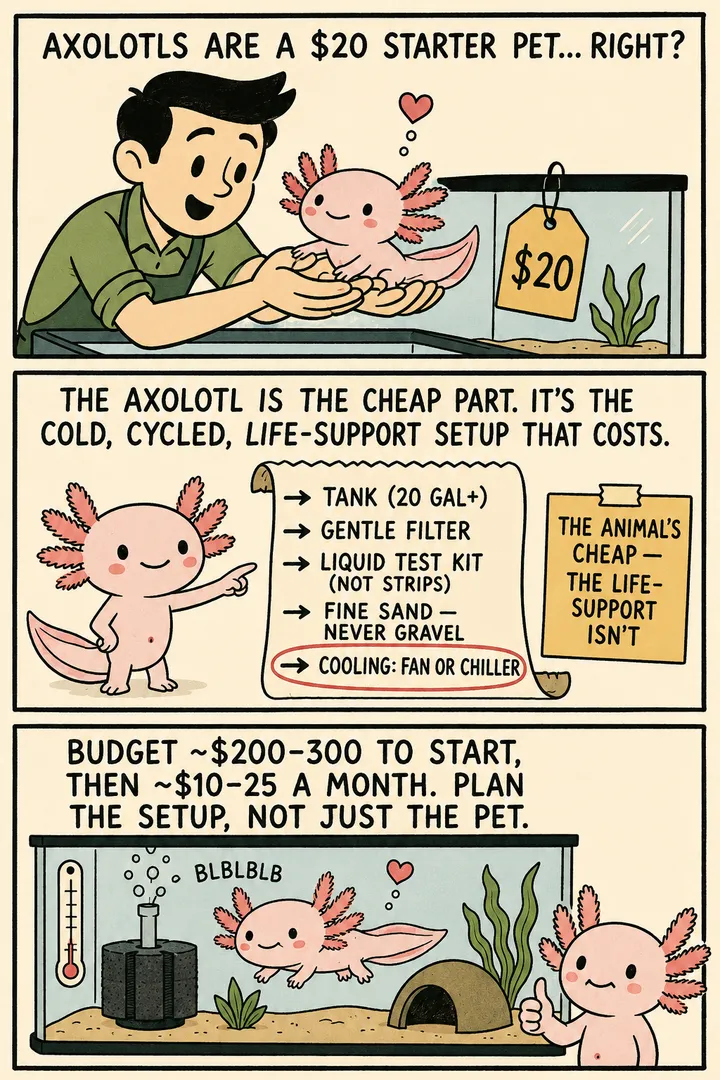 A three-panel comic about axolotl cost. First a hopeful keeper cups a '$20' axolotl at a shop. Then a narrator axolotl points to a receipt listing the real costs: a 20 gal+ tank, gentle filter, liquid test kit, fine sand, a chiller or fan, and dechlorinator. Finally the axolotl floats content in a proper cold, cycled setup. The point: the animal is cheap; the cold, cycled life-support setup is the real cost — budget ~$200–300 to start, then ~$10–25 a month.