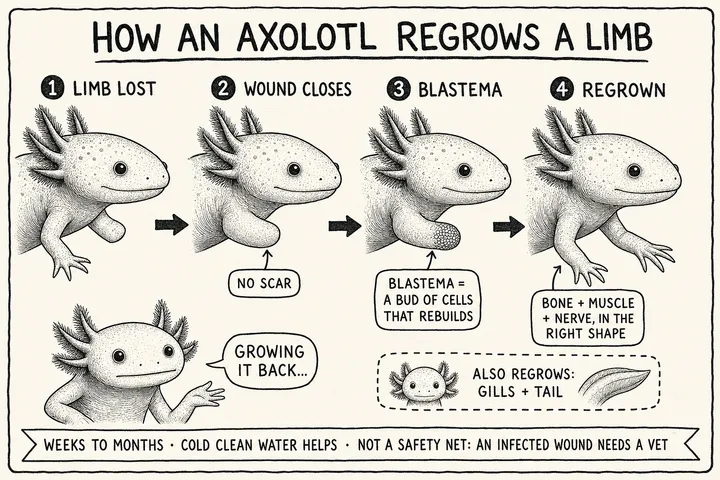 A hand-drawn monochrome info-comic titled 'How an axolotl regrows a limb': a four-step flow — a limb is lost, the wound closes without a scar, a bud of cells called a blastema forms at the tip, and a correctly-shaped new limb regrows with bone, muscle and nerve — with a calm axolotl narrator and a note that it takes weeks to months, needs cold clean water, and is not a safety net for infected wounds.