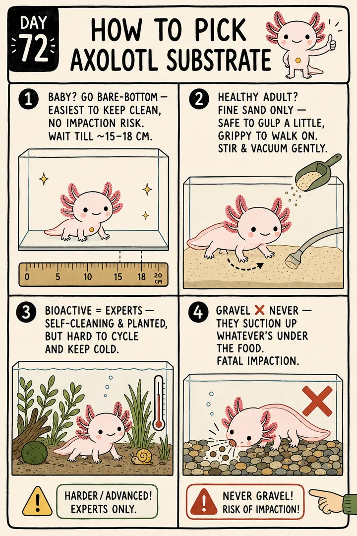 A four-cell how-to card titled 'How to pick axolotl substrate': a baby axolotl should be kept bare-bottom (easiest to clean, no impaction risk) until about 15–18 cm; a healthy adult can have fine sand only (safe to gulp a little, grippy to walk on); stir and vacuum the sand to keep it clean; and never gravel. The point: bare-bottom or fine sand only — gravel causes impaction.