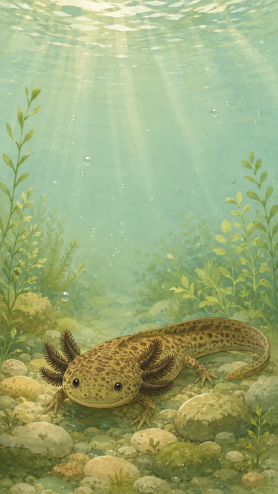 Wild-Type Axolotl — a free Axolotl wallpaper (Speckled olive-brown, the natural morph.)