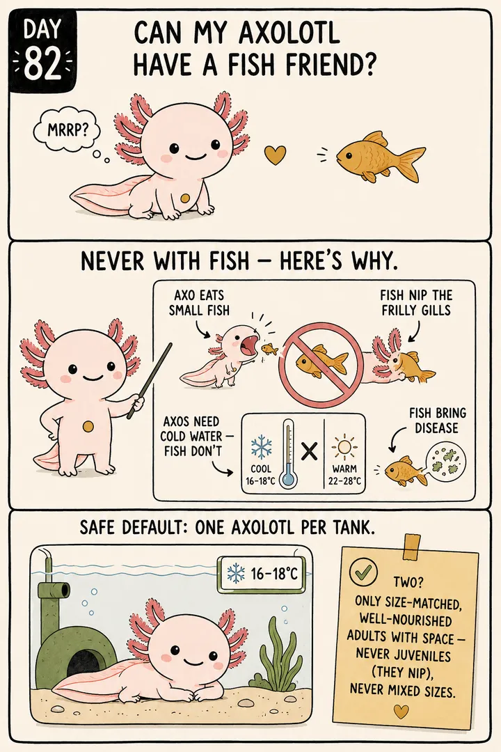 A three-panel comic answering whether axolotls can share a tank. First an axolotl gazes hopefully at a passing goldfish. Then a narrator axolotl points to a diagram with four labels: an axolotl gulps small fish; fish nip the frilly gills; axolotls need cold water and fish usually don't; and fish bring disease. Finally one content axolotl loafs alone in a roomy cool tank, with a note that two are only safe as size-matched, well-fed adults with space. The point: never house axolotls with fish, and the safe default is one axolotl per tank.