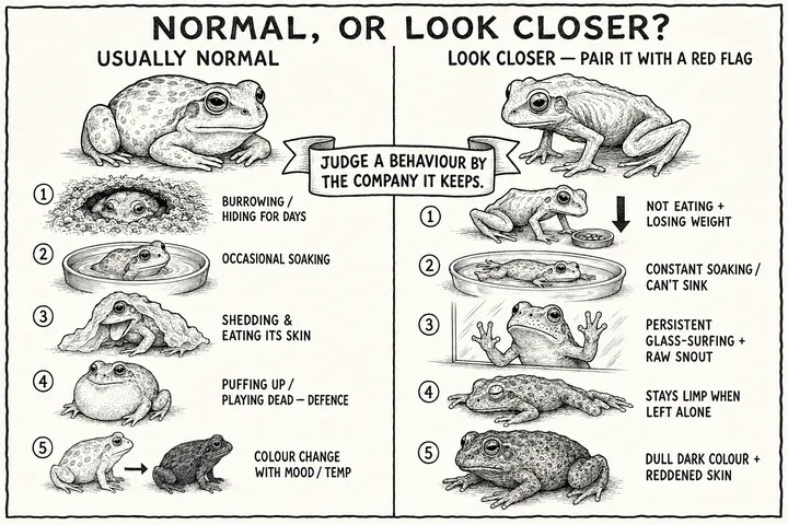 A hand-drawn monochrome info-comic titled 'Normal, or look closer?': a two-column comparison — the left 'usually normal' column shows a calm frog with vignettes of burrowing, occasional soaking, shedding and eating its skin, puffing up or playing dead, and colour change with mood or temperature; the right 'look closer — pair it with a red flag' column shows a thin, hunched frog with not eating plus weight loss, constant soaking or can't sink, persistent glass-surfing with a raw snout, staying limp when left alone, and dull dark colour with reddened skin; a central ribbon reads 'judge a behaviour by the company it keeps.'