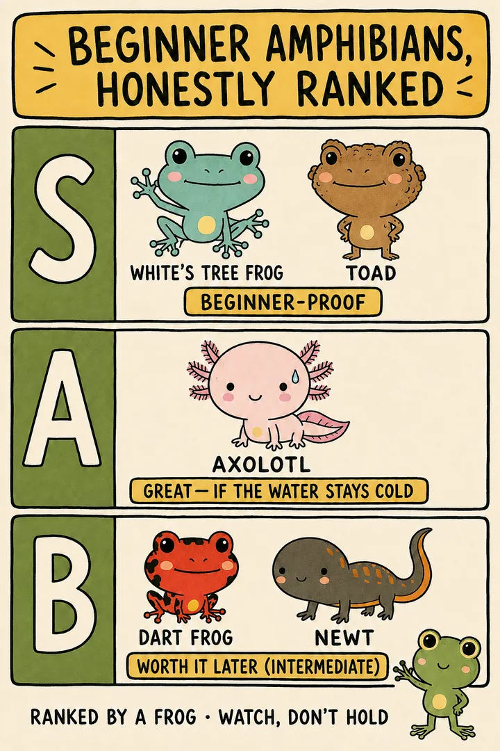 A tier-list chart titled 'Beginner amphibians, honestly ranked'. The S tier holds the beginner-proof picks — White's tree frog and toad. The A tier holds the axolotl, great as long as the water stays cold. Lower tiers hold dart frogs and newts (more demanding) and species better left to experienced keepers. The point: hardy, forgiving species like a White's tree frog or toad are the honest best first amphibians.