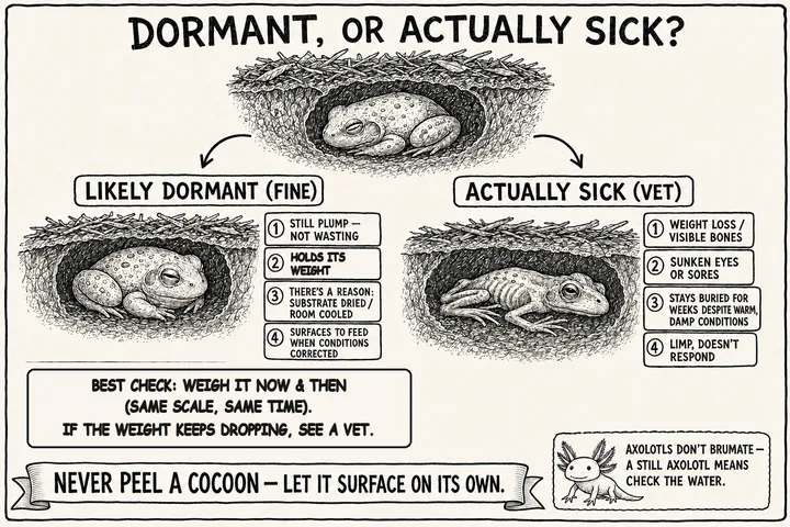 A hand-drawn monochrome info-comic titled 'Dormant, or actually sick?': a frog burrowed still in the substrate branches into two — a 'likely dormant (fine)' side showing a plump frog that stays in good condition, holds its weight, has a reason (substrate dried or room cooled), and surfaces to feed once conditions are corrected; and an 'actually sick (vet)' side showing a thin, sunken-eyed frog with weight loss and visible bones, sores, staying buried for weeks despite warm damp conditions, and going limp. A boxed note says the best check is to weigh it now and then (same scale, same time) and see a vet if the weight keeps dropping. A bottom ribbon reads 'never peel a cocoon — let it surface on its own,' with a side note that axolotls don't brumate, so a still axolotl means check the water.