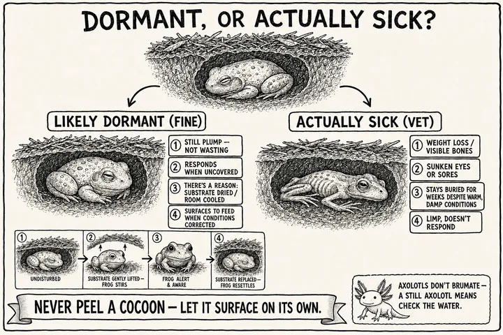 A hand-drawn monochrome info-comic titled 'Dormant, or actually sick?': a frog burrowed still in the substrate branches into two — a 'likely dormant (fine)' side showing a plump frog that stays in good condition, responds when gently uncovered, has a reason (substrate dried or room cooled), and surfaces to feed once conditions are corrected; and an 'actually sick (vet)' side showing a thin, sunken-eyed frog with weight loss and visible bones, sores, staying buried for weeks despite warm damp conditions, and going limp. A bottom ribbon reads 'never peel a cocoon — let it surface on its own,' with a side note that axolotls don't brumate, so a still axolotl means check the water.