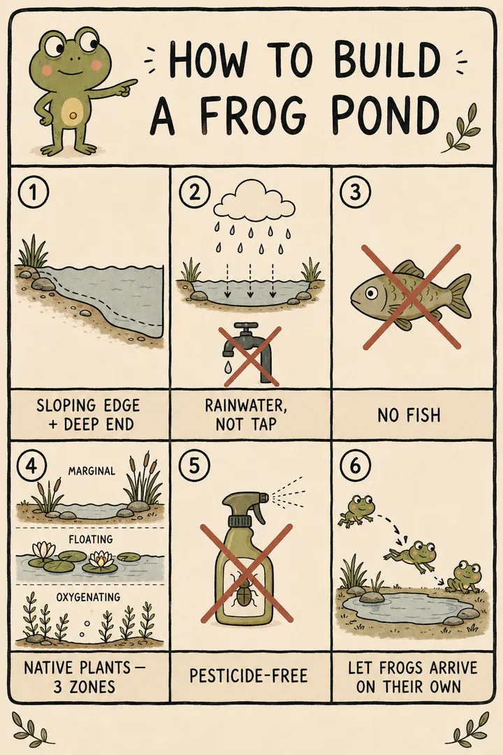 A six-step how-to card titled 'How to build a frog pond': dig varied depths with a shallow, gently sloping beach end so wildlife can climb out; use no steep sheer sides; skip fish (they eat spawn and tadpoles); add native oxygenating and marginal plants; leave it to fill and mature naturally; and let frogs find it themselves rather than adding spawn. The point: a well-built wildlife pond attracts frogs on its own.