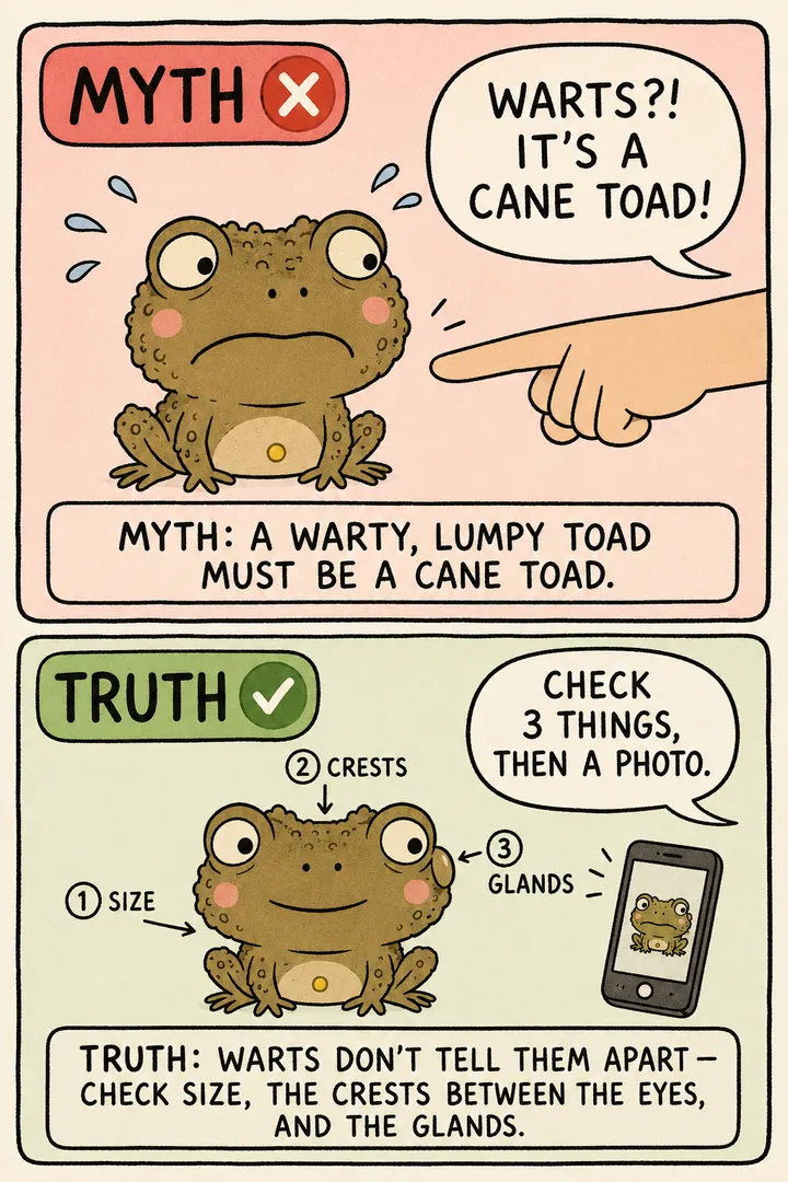 A two-panel myth-vs-truth comic about identifying toads. The red MYTH panel shows a hand pointing at a warty toad and jumping to a verdict — a speech balloon reads 'warts?! it's a cane toad!'. The green TRUTH panel shows the same toad with three numbered labels — 1 size, 2 the cranial crests between the eyes, 3 the parotoid glands behind the eyes — plus a phone icon to confirm with a photo. The point: warts don't identify a toad; check size, the head crests and the gland shape, and confirm with a photo ID before acting — never assume a toad is harmless from a guess.