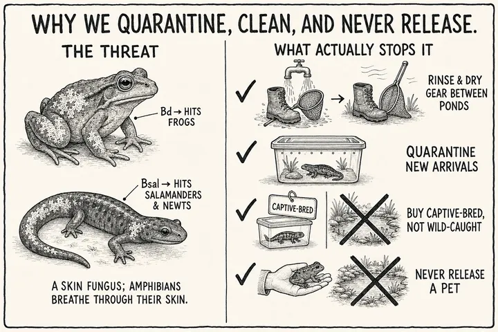 A hand-drawn monochrome info-comic titled 'Why we quarantine, clean, and never release': the left half, 'the threat', shows a frog and a salamander with a fungal skin texture spreading across them, labelled 'Bd → hits frogs' and 'Bsal → hits salamanders & newts' with the note 'a skin fungus; amphibians breathe through their skin'; the right half, 'what actually stops it', is a ticked checklist — rinse and dry gear between ponds, quarantine new arrivals, buy captive-bred rather than wild-caught, and never release a pet into the wild.
