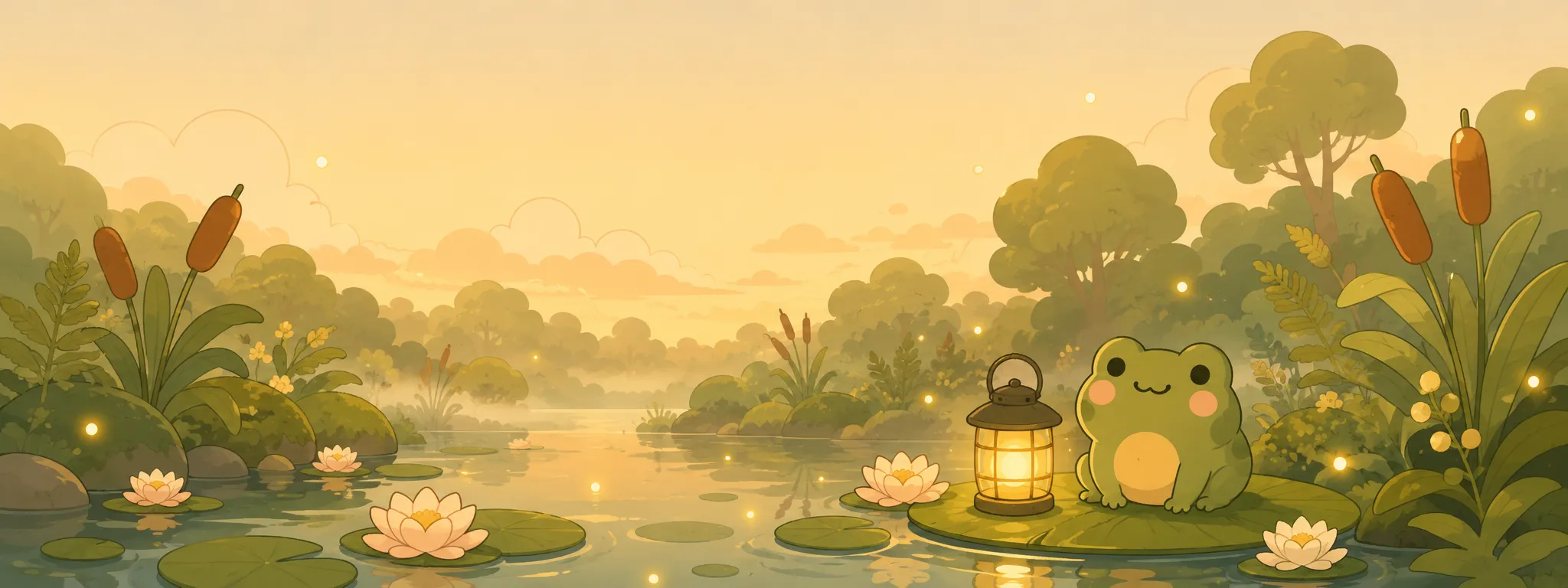 A cozy dusk bog — a little frog on a lilypad by a warm lantern