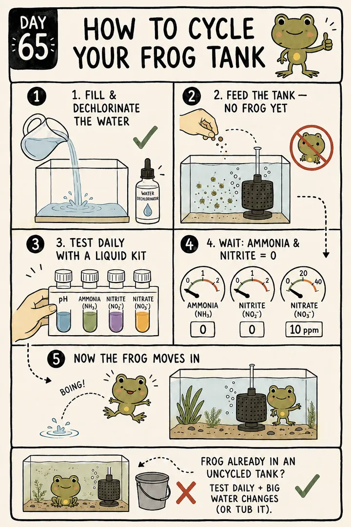 A numbered how-to card titled 'How to cycle your frog tank', with a dwarf-frog mascot and five steps: fill and dechlorinate the water; feed the tank an ammonia source with no frog yet; test daily with a liquid kit; wait until ammonia and nitrite both read zero; then the frog moves in. The point: cycle an aquatic tank fully before adding the animal.