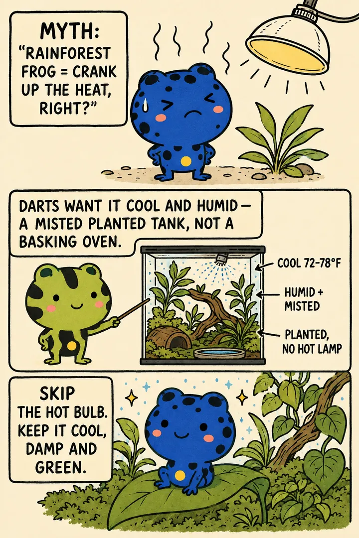 A three-panel comic about dart frog temperature. First a blue dart frog squints unhappily under a hot basking bulb, assuming 'rainforest frog means crank up the heat'. Then a narrator dart frog points to a misted, planted vivarium diagram. Finally the frog sits happy in a cool, damp, green planted tank with no lamp. The point: dart frogs want cool, humid, planted conditions — not a hot basking lamp.