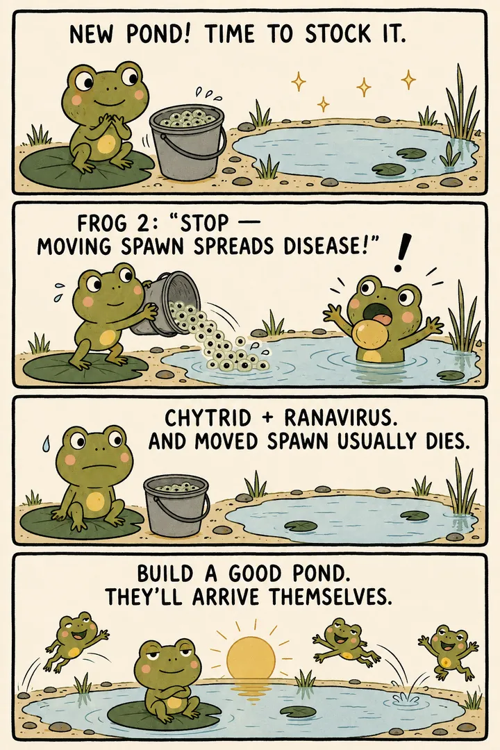 A four-panel comic about moving frogspawn. A frog wants to 'stock' a brand-new pond with a bucket of spawn; a second frog stops it, warning that moving spawn spreads disease. A caption names chytrid and ranavirus and notes moved spawn usually dies anyway. The last panel shows the frog relaxing by a finished pond as wild frogs arrive on their own. The point: never move frogspawn between ponds — build a good pond and frogs will colonise it themselves.