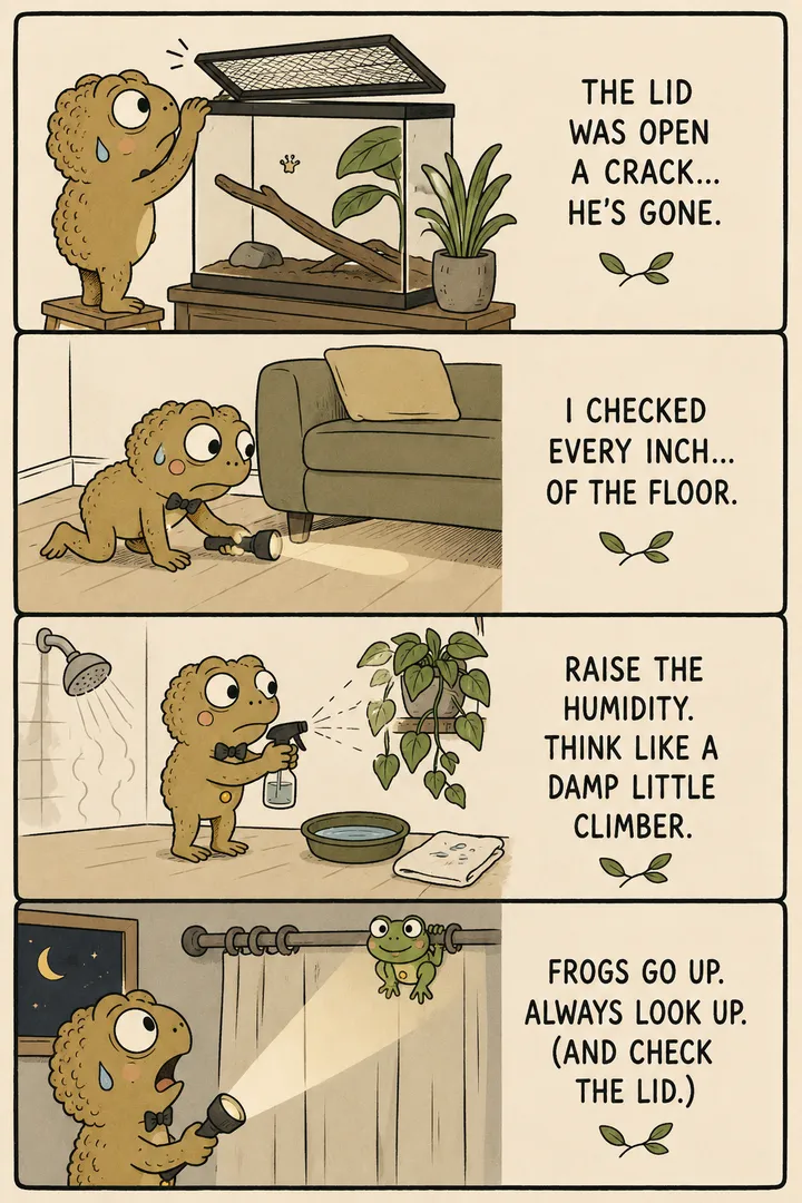 A four-panel comic about finding an escaped tree frog. A keeper finds the vivarium lid ajar and the frog gone, then searches the floor and skirting boards with no luck. They do it right — raising humidity by misting plants, running a shower, and setting out a damp towel and water dish. At night the flashlight tilts up to reveal the frog clamped high on the curtain rail. The point: tree frogs climb, so raise humidity to draw them out and always look up (and check the lid).