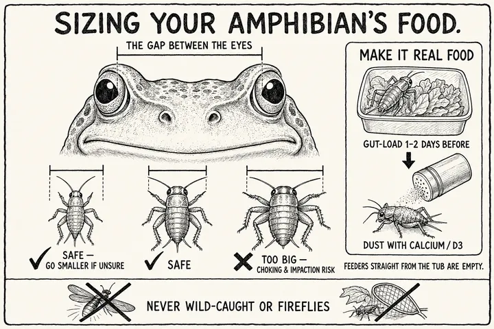 A hand-drawn monochrome info-comic titled 'Sizing your amphibian's food': a large head-on frog face with a measuring line between its eyes labelled 'the gap between the eyes', and three feeder crickets below it — one smaller than the gap ticked 'safe — go smaller if unsure', one matching the gap ticked 'safe', and one wider than the gap crossed out 'too big — choking & impaction risk'; a side 'make it real food' strip shows a cricket in a tub of greens ('gut-load 1–2 days before') then dusted with powder ('dust with calcium/D3'), noting feeders straight from the tub are empty; a footer crosses out a firefly and a wild-caught bug ('never wild-caught or fireflies').