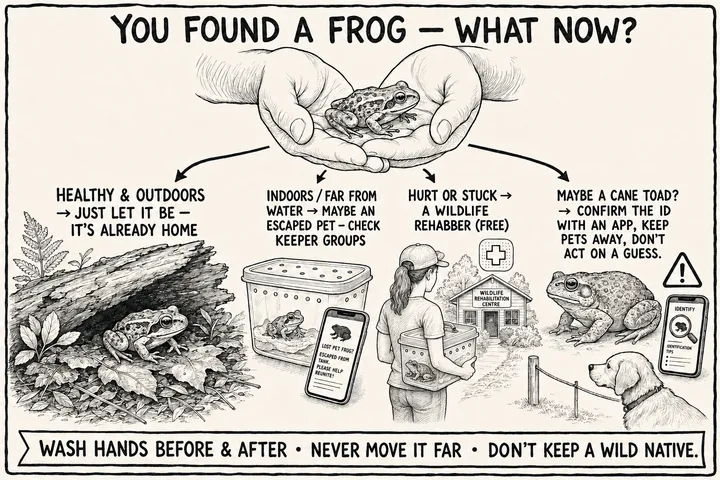 A hand-drawn monochrome info-comic titled 'You found a frog — what now?': a pair of cupped hands holding a small frog branches into four outcomes — 'healthy & outdoors → just let it be, it's already home' (a frog set under a log in leaf litter), 'indoors / far from water → maybe an escaped pet, check keeper groups' (a frog in a ventilated tub beside a phone showing a lost-pet listing), 'hurt or stuck → a wildlife rehabber (free)' (a person carrying a tub to a rehabilitation centre), and 'maybe a cane toad? → confirm the ID with an app, keep pets away, don't act on a guess' (a large toad, an ID app, and a dog kept back); a footer ribbon reads 'wash hands before & after · never move it far · don't keep a wild native.'