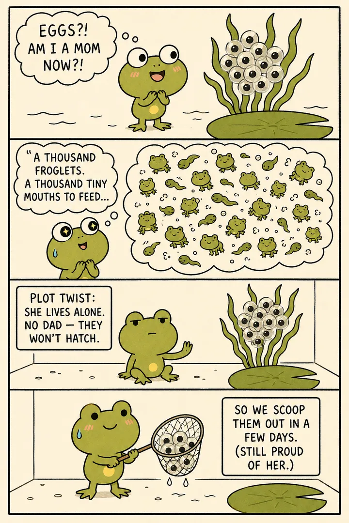 A four-panel comic about finding eggs. A lone female frog beams at a cluster of jelly eggs, wondering if she's a mother now, then daydreams of a swarm of froglets. The reality box explains she lives alone with no male, so the eggs are unfertilised and won't hatch. She gently scoops the cluster out with a net a few days later. The point: eggs from a lone female are infertile and won't develop — you don't need to try to raise them or breed.