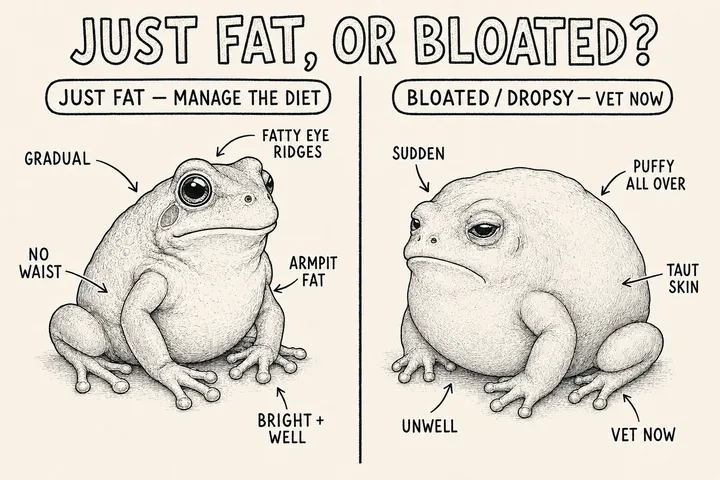 A hand-drawn monochrome info-comic titled 'Just fat, or bloated?' comparing two frogs — 'just fat' (a gradually overweight but bright, well frog with fatty eye ridges and no waist) versus 'bloated / dropsy - vet now' (a frog puffed up suddenly and all over, with taut skin, looking unwell).