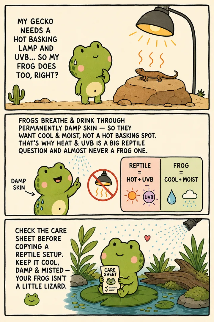 A three-panel comic contrasting frogs and reptiles. First a frog stands beside a hot basking lamp assuming it needs one 'because the gecko does'. Then a narrator frog points to a diagram: an arrow labelled 'damp skin' to its permanently moist back and a crossed-out hot-lamp icon. Finally the frog sits happy in a cool, misted, planted setup with no lamp. The point: frogs breathe and drink through permanently damp skin, so they want cool and moist, not a hot basking spot like a reptile.