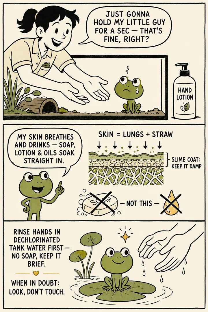 A comic about amphibian skin. A keeper reaches to hold a frog; a narrator frog explains that its skin breathes and drinks — labelled 'skin = lungs + straw' — so water, and also soap, lotion and oils, soak straight in. The point: amphibians absorb water (and contaminants) directly through their permeable skin, which is why they hydrate through it and why handling with unwashed hands harms them.