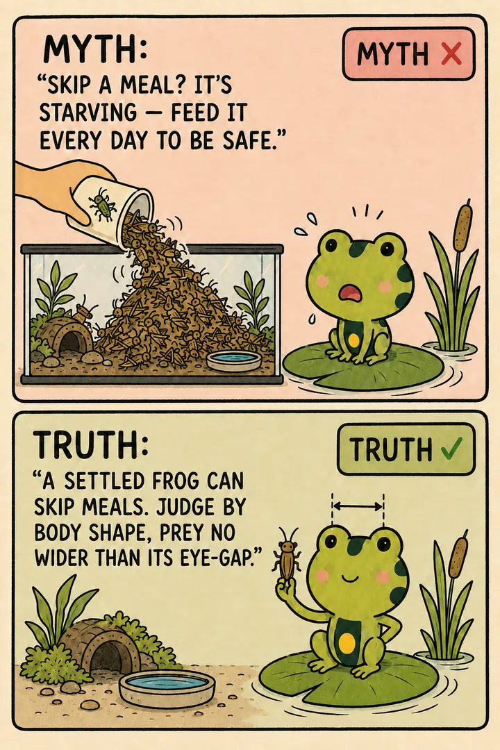 A two-panel myth-vs-truth comic about feeding frogs. The red MYTH panel shows an anxious keeper's hand dumping a mountain of crickets into a tank while a puffed-up, wide-eyed frog is overwhelmed. The green TRUTH panel shows the same frog calm and content with a single small cricket sized against the gap between its eyes. The point: a settled amphibian can safely skip meals; feed appropriately-sized prey judged by body condition, not a daily schedule — overfeeding is the more common mistake.
