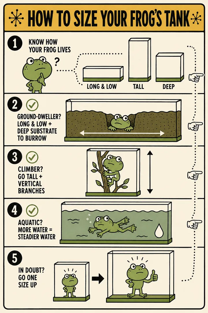 A numbered how-to card titled 'How to size your frog's tank', with step cells: know how your frog lives; a ground-dweller needs a long, low tank with deep substrate to burrow; a climber needs a tall tank with vertical branches; an aquatic frog needs more water volume and filtration; and match the enclosure to how the species lives, not just a gallon number. The point: tank shape matters more than raw gallons — pick it from your frog's lifestyle.