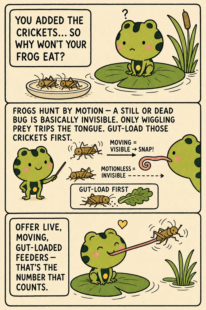 A comic about why a frog won't eat. A keeper has added crickets but the frog ignores them; a narrator explains that frogs hunt by motion, so a still or dead bug is basically invisible — only wiggling prey triggers the tongue — and adds to gut-load the crickets first. The point: if a frog won't eat, check that the prey is moving (and well-fed), because amphibians strike at movement.
