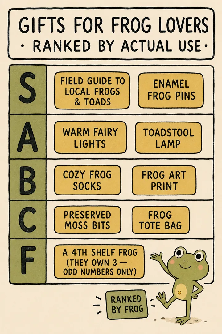 A tier-list chart titled 'Gifts for frog lovers, ranked by actual use'. The S tier holds genuinely useful gifts — a field guide to local frogs and toads and enamel frog pins. Lower tiers hold décor like fairy lights and a toadstool lamp, cozy socks and art prints, and novelty items. The point: the best frog-lover gifts are the ones they'll actually use, led by a local field guide.