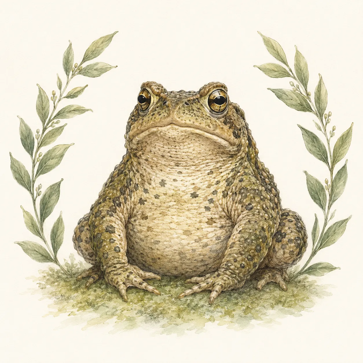 An American toad sitting among leaves, in Bognook’s soft field-guide illustration style