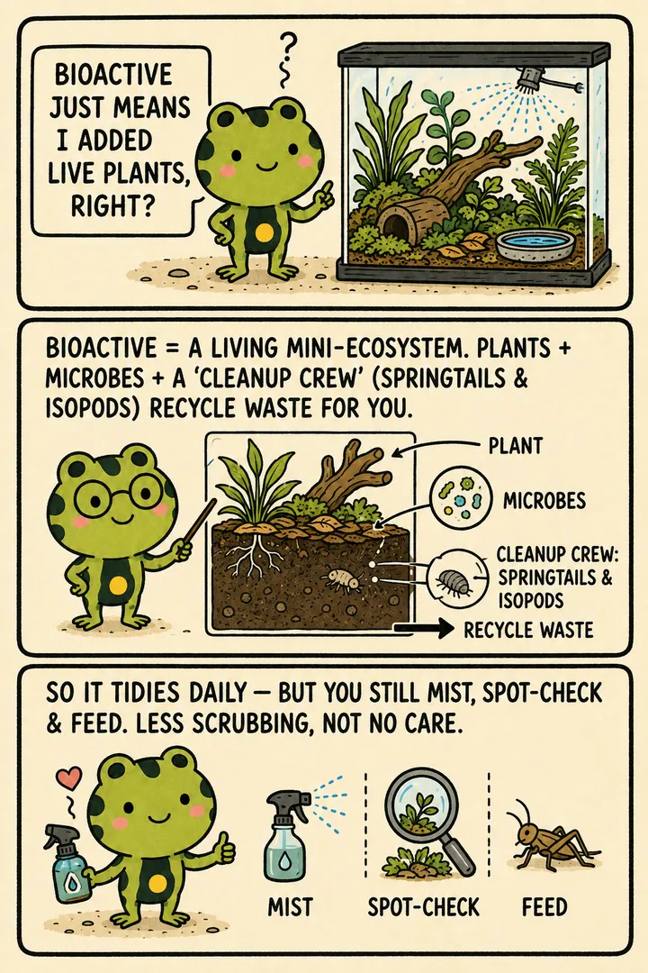 A two-panel explainer comic about the term 'bioactive'. A frog assumes bioactive just means adding live plants. A narrator frog corrects it with a diagram: bioactive is a living mini-ecosystem — plants plus microbes plus a 'cleanup crew' of springtails and isopods that recycle waste for you. The point: bioactive means a self-sustaining living system, not just decorative plants.