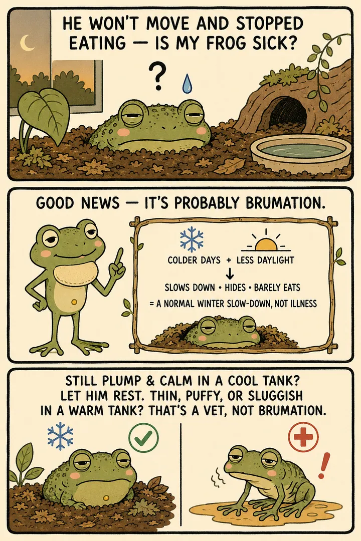 A two-panel explainer comic about brumation. A keeper worries their frog won't move and has stopped eating. A narrator reassures that it's probably brumation: colder days and less daylight make the animal slow down, hide, and barely eat — a normal winter dormancy. The point: seasonal slowing and fasting in cool conditions is usually brumation, not sickness, as long as body condition is good.