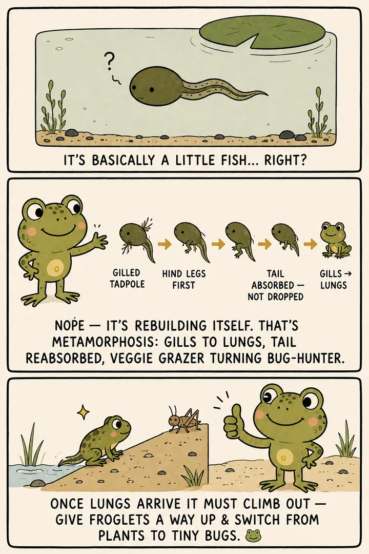 A two-panel explainer comic about metamorphosis. A keeper assumes a tadpole is basically a little fish. A narrator corrects it: metamorphosis is the animal rebuilding itself — gills becoming lungs, the tail reabsorbed, a plant-grazer becoming a bug-hunter. The point: metamorphosis is the dramatic body remodelling from tadpole to frog, not just growth.