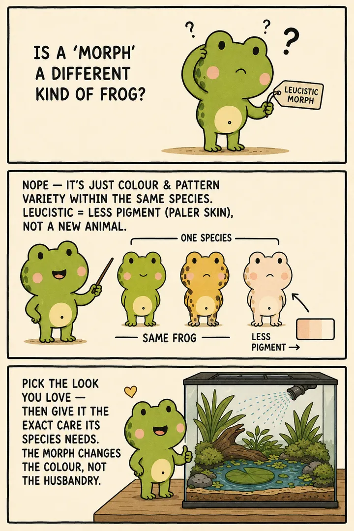 A two-panel explainer comic about the term 'morph'. A frog asks if a morph is a different kind of frog. A narrator explains with labels that a morph is just colour and pattern variety within the same species — for example 'leucistic' means less pigment (paler skin), not a new animal. The point: a morph is a colour/pattern variant, not a separate species.