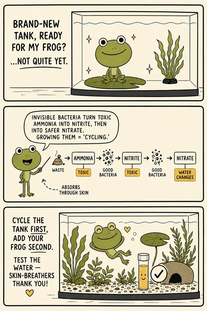 A three-panel explainer comic about the nitrogen cycle. A frog eyes a brand-new tank asking if it's ready — not quite yet. A diagram shows invisible beneficial bacteria turning toxic ammonia into nitrite and then into safer nitrate, labelled 'cycling'. The frog then moves in. The point: growing the bacteria that convert ammonia to nitrate is called cycling, and you cycle the tank first and add the animal second.