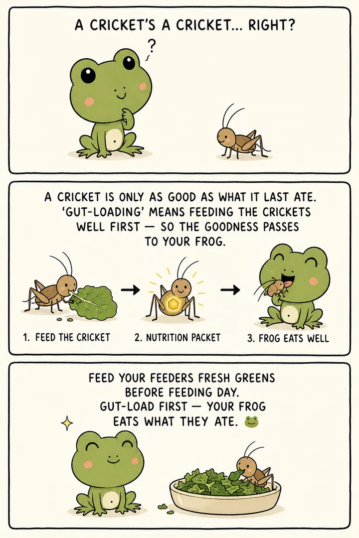 A comic about feeder quality. A frog assumes 'a cricket is a cricket'; a narrator explains that a cricket is only as good as what it last ate, so 'gut-loading' means feeding the feeder insects well first, so the nutrition passes to your frog. The point: the value of feeder insects depends on gut-loading them before offering them.