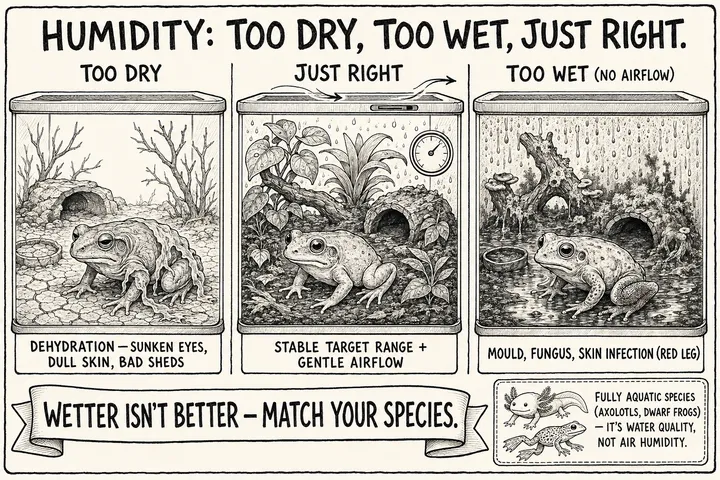 A hand-drawn monochrome info-comic titled 'Humidity: too dry, too wet, just right': three vivarium panels side by side — 'too dry' with a wrinkled, sunken-eyed frog on cracked substrate (dehydration — sunken eyes, dull skin, bad sheds), 'just right' with a bright alert frog on a lightly-misted planted setup with an airflow arrow through a partly-open lid and a hygrometer (stable target range plus gentle airflow), and 'too wet (no airflow)' with a soggy stagnant mouldy tank and a frog with reddened legs (mould, fungus, skin infection / red leg); a ribbon reads 'wetter isn't better — match your species,' with a corner note that fully aquatic species like axolotls and dwarf frogs are about water quality, not air humidity.
