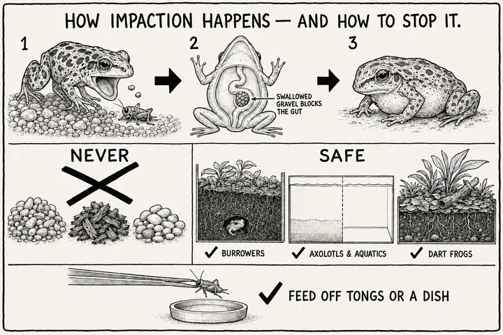 A hand-drawn monochrome info-comic titled 'How impaction happens — and how to stop it': a top row shows a frog lunging at a cricket on loose gravel, a belly cutaway where swallowed gravel blocks the gut, and the frog then unwell with a swollen belly; a bottom row lines up unsafe substrates (gravel, bark chips, pebbles, all crossed out) against safe ones (deep coco fibre for burrowers, fine sand or a bare bottom for axolotls and aquatics, a planted bioactive floor for dart frogs), with a footer note to feed off tongs or a dish.