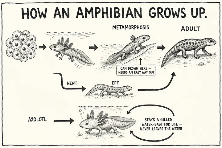A hand-drawn monochrome info-comic titled 'How an amphibian grows up': a left-to-right life-stage flow from a clutch of eggs to a gilled aquatic larva to a metamorphosing animal half-climbing out of shallow water onto a ramp (tagged 'can drown here — needs an easy way out') to a dry-skinned terrestrial adult, with a newt branch adding an extra land 'eft' juvenile stage before adulthood, and an axolotl branch that loops back on itself labelled 'stays a gilled water-baby for life — never leaves the water.'