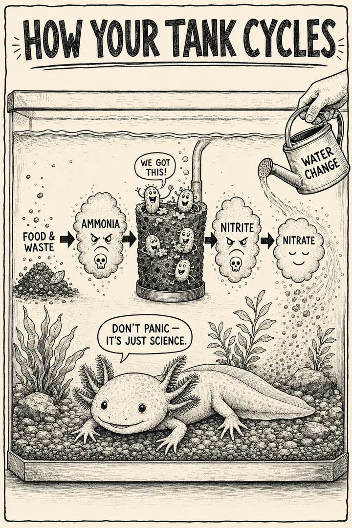 A hand-drawn monochrome info-comic titled 'How your tank cycles': inside an aquarium, food and waste become toxic ammonia, which a cup of filter-media bacteria ('we got this!') turns into nitrite and then nitrate, which a watering can labelled 'water change' removes — with a calm axolotl below saying 'don't panic — it's just science.'