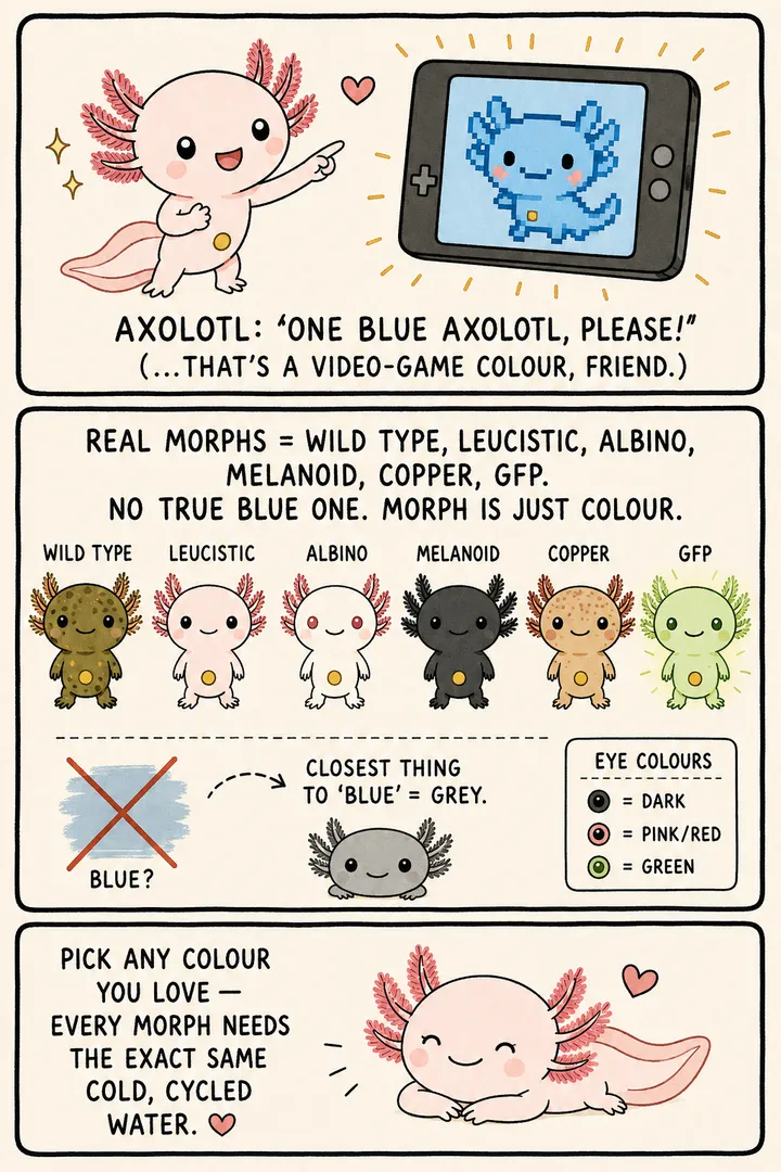 A three-panel comic about axolotl colour morphs. First an axolotl eagerly points at a game screen showing a bright blue pixel axolotl. Then a narrator axolotl stands beside a labelled line-up of the real morphs — wild type, leucistic, albino, melanoid, copper and GFP — with a crossed-out 'blue?' swatch and an arrow noting the closest real colour to blue is the grey melanoid. Finally a happy leucistic axolotl loafs in clean water. The point: 'morph' just means colour and pattern, the blue axolotl is a video-game colour with no real counterpart, and every morph needs identical care.