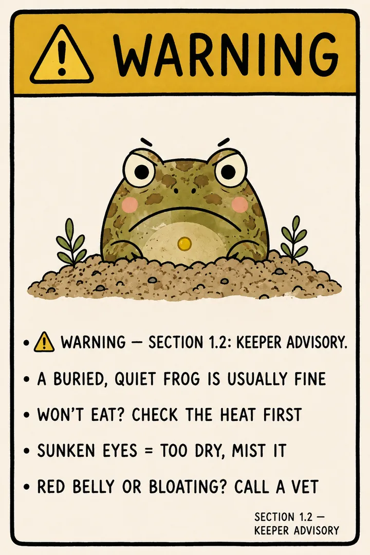 A mock hazard 'WARNING' sign in the Bognook comic style showing a Pacman-frog silhouette and a keeper advisory: a buried, quiet frog is usually fine; a frog that won't eat — check the heat first; sunken eyes mean it's too dry, mist it; and a red belly or bloating means call a vet. The point: most Pacman-frog worries are normal, but these specific signs mean act or see a vet.