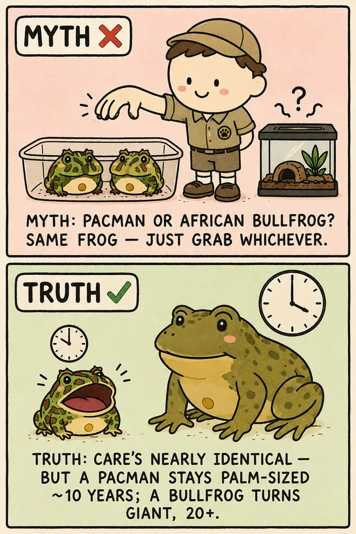 A two-panel myth-vs-truth comic comparing Pacman frogs and African bullfrogs. The red MYTH panel shows a keeper's hand over a tub of two identical-looking baby frogs, treating them as interchangeable. The green TRUTH panel shows the grown-up reality: a palm-sized Pacman frog beside a much larger African bullfrog towering over it, with a small clock over the Pacman and a big clock over the bullfrog to show the lifespan gap. The point: their care is nearly identical, but a Pacman stays palm-sized and lives about 10 years while an African bullfrog becomes a giant and lives 20+ years.