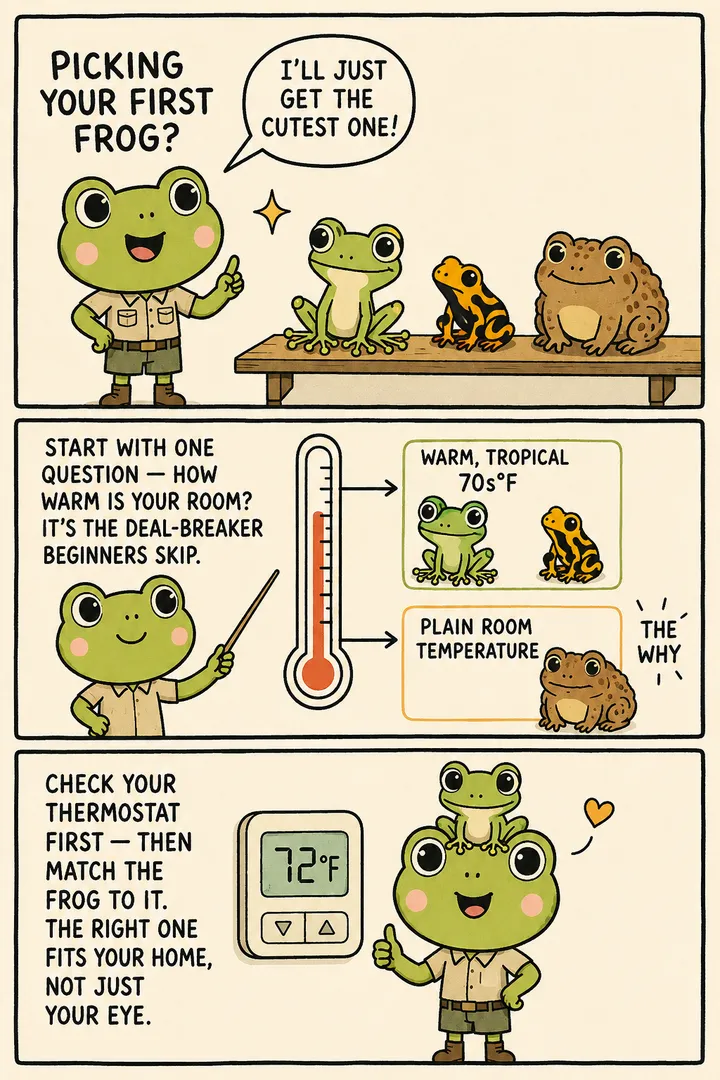 A three-panel comic about choosing a first frog. First a keeper beams at three options — a tree frog, a bright dart frog, and a squat toad — planning to 'just get the cutest one'. Then a narrator frog points to a thermometer diagram: warm tropical 70s°F suits a tree frog or dart frog, while plain room temperature suits a toad with no special heating. Finally the keeper stands happily beside a thermostat with the matched frog. The point: choose your first frog by how warm your room is, not by looks.